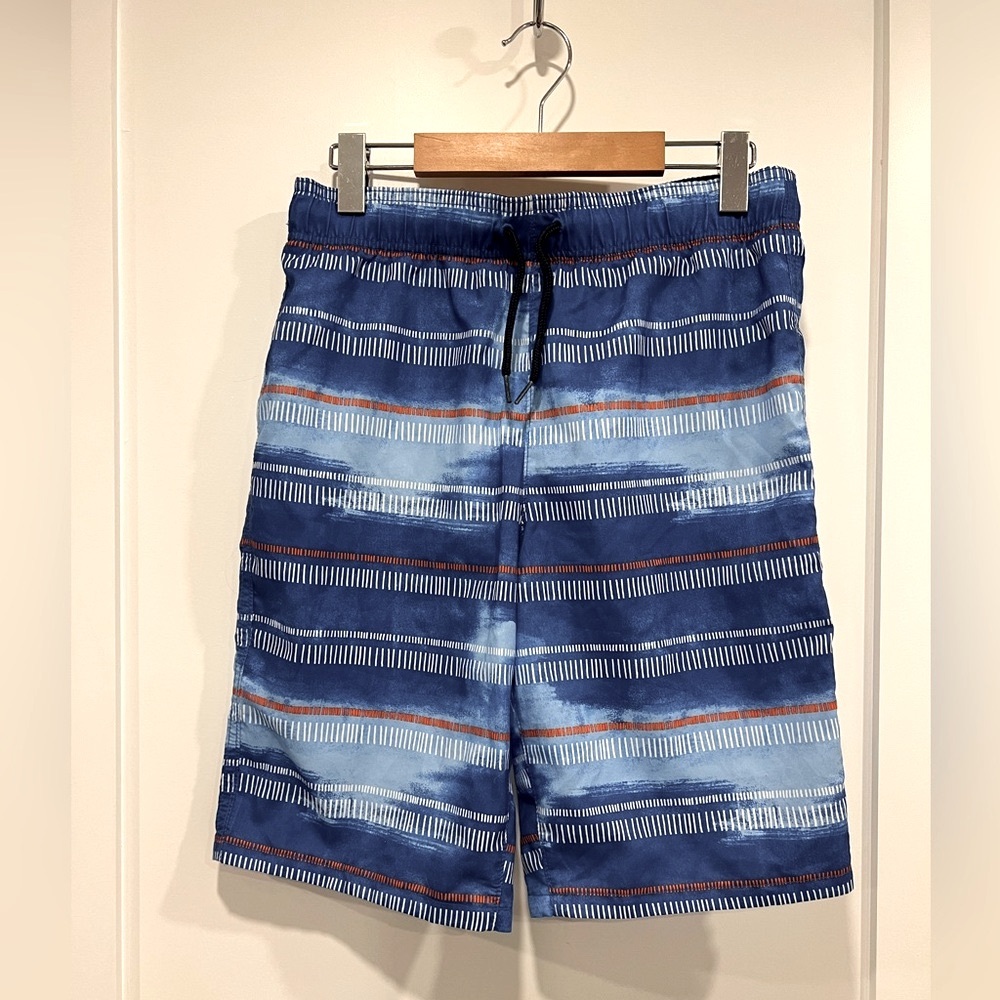 Abercrombie & Fitch Blue and Orange Striped swim trunks.